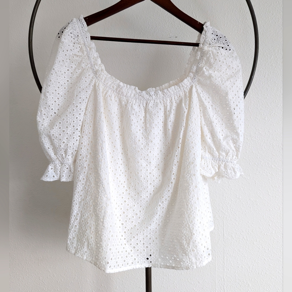 Tuckernuck Pomander Place White Eyelet Puff Sleeve Blouse Top Shirt XS